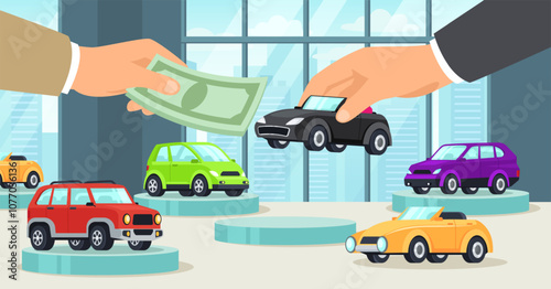 Buying new car. Auto sale and car selection services, automobile market and auto loan payments concept. Hands holding vehicle and money cartoon vector illustration.