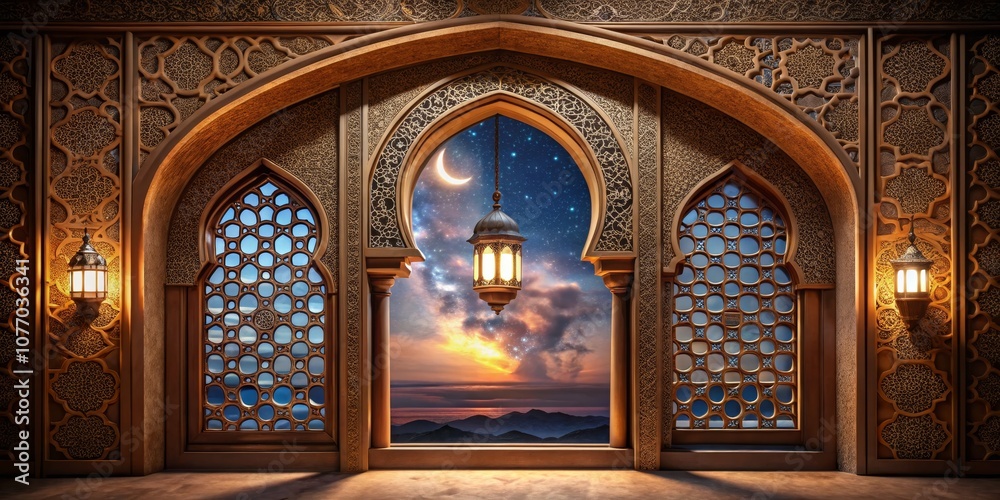 Obraz premium Islamic Architecture with Intricate Carving and Starry Night View, Ramadan, Islamic Art