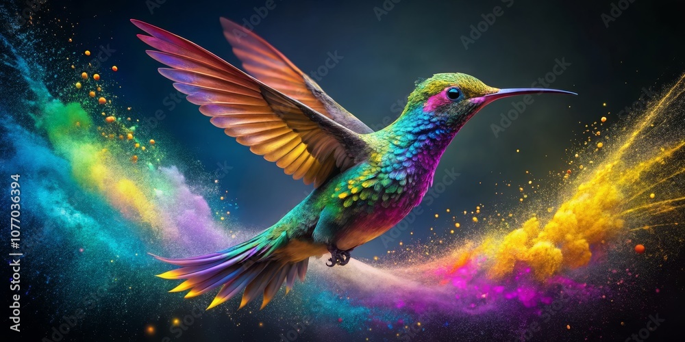 Hummingbird in Flight Through a Cosmic Cloud of Color, digital art, abstract, hummingbird, color Hummingbird in Flight Through a Cosmic Cloud of Color, digital art, abstract, hummingbird, color