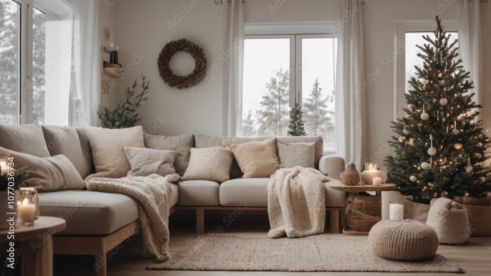Fototapeta premium A living room decorated in Nordic style with a simple pine tree, handmade wooden ornaments, and cozy textiles in neutral tones.