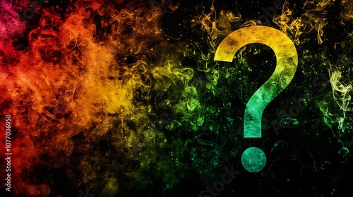 A large question mark made of colorful smoke against a black background. photo