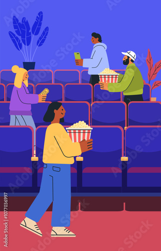 People in cinema holding popcorn and tickets colorful scene with blue seats and indoor plants modern flat style