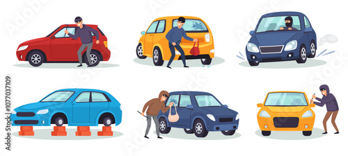 Car theft. Burglars stealing cars, drive stolen auto, thieves break glass and breaking into vehicles to steal bag. Car crime cartoon vector illustration set.