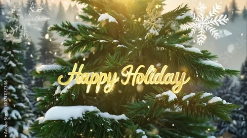 Happy Holidays greeting with snowy Christmas tree and golden text animation