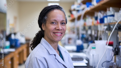 A middle-aged Black woman in a lab coat smiles confidently in a well-equipped laboratory, showcasing her passion for scientific research. Free Download A middle-aged Black woman in a lab coat smiles confidently in a well-equipped laboratory, showcasing her passion for scientific research. - GFXLoad