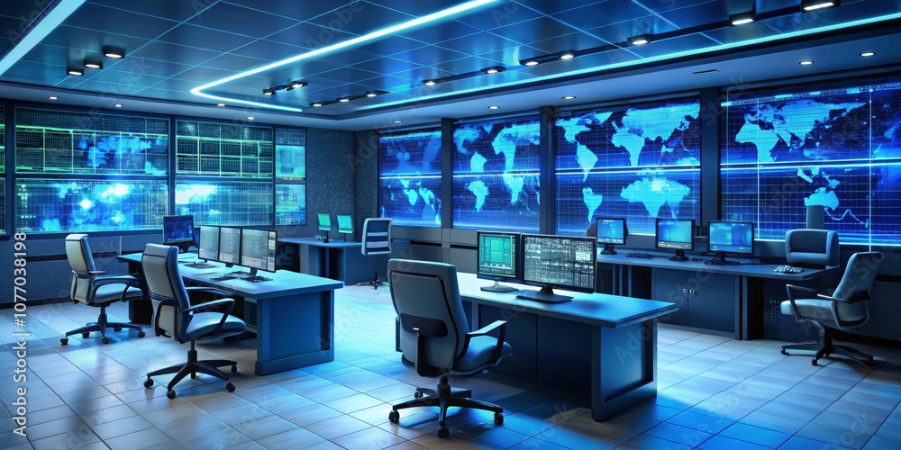Blue Lit Control Room with World Map Screens, Security, Network, Data Blue Lit Control Room with World Map Screens, Security, Network, Data