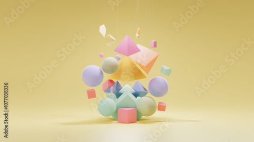 Colorful abstract geometric shapes suspended against a soft yellow background, creating a playful and modern aesthetic. photo