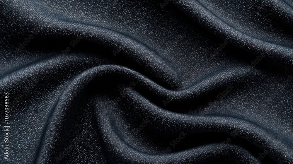 Fototapeta premium Close-up of dark textured fabric with smooth, flowing folds creating an elegant, sophisticated pattern. The image highlights the material's surface detail and soft draping.