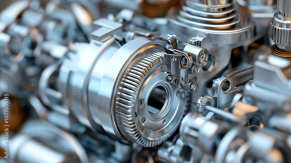 Fototapeta premium Close-up view of a complex metallic mechanical assembly featuring gears and precision components within a machine or engine, showcasing intricate engineering design and metallic finish.