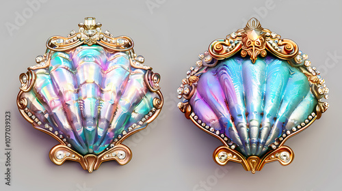 concept art for two iridescent mermaid shell handbags with crystals and gold trim, pastel colors, vintage style on white background disney pixar-inspired, d game asset in a cartoon style with a gray