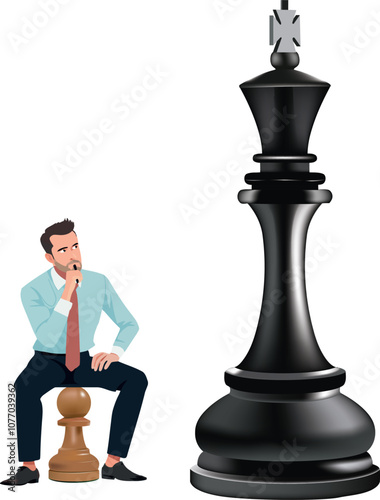 Businessman sitting on pawn contemplating giant king chess piece, strategic thinking and leadership