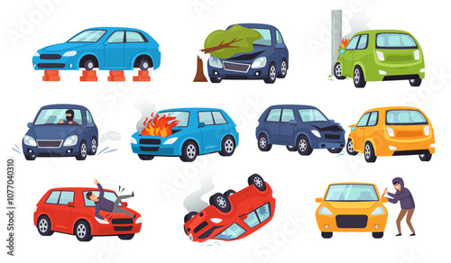 Car risks. Auto insurance cases of traffic collision, pedestrian hit, vehicle theft, rolling over and cars damage. Road accidents and wrecked vehicles cartoon vector illustration set.