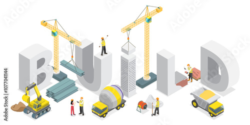 Fototapeta Naklejka Na Ścianę i Meble -  3D Isometric Flat  Illustration of Building, Costruction Site and Work Process