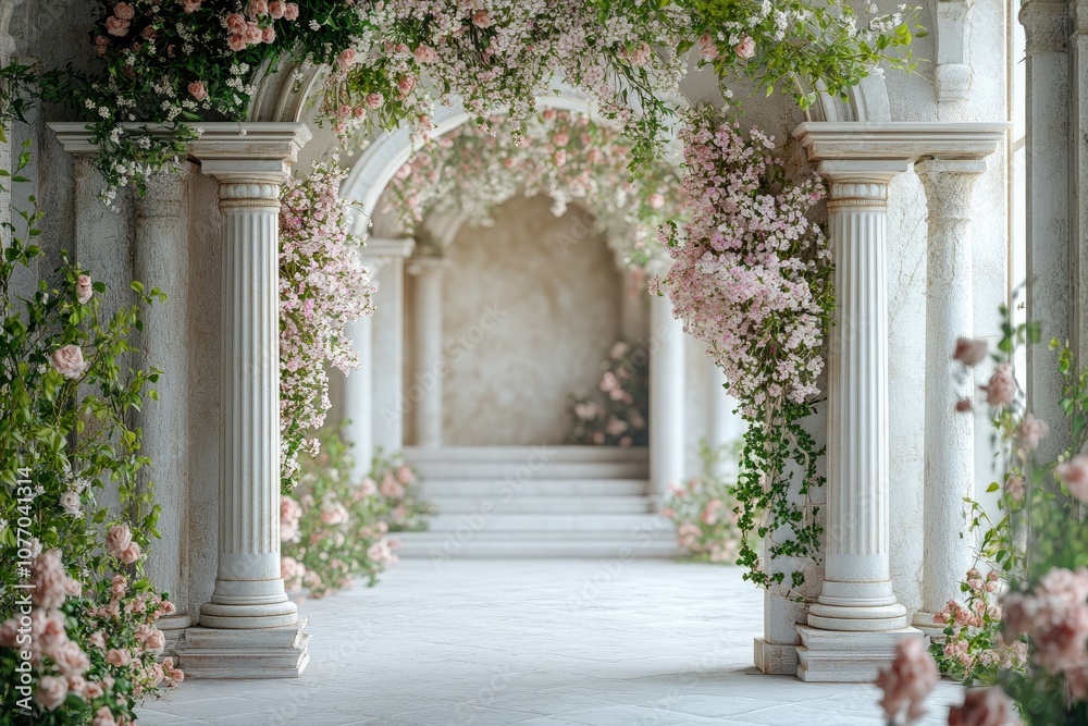 Fototapeta premium Beautiful corridor decorated with flowers and plants creating a romantic atmosphere