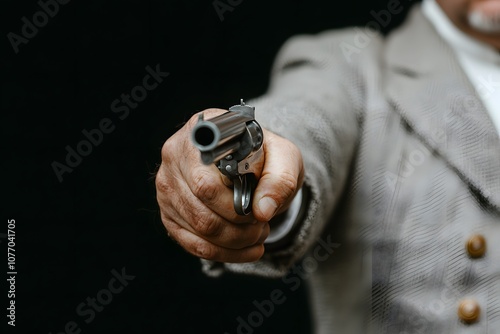 Hand holding a vintage gun – Representing historical weaponry, antique collectibles, and the craftsmanship of past eras photo