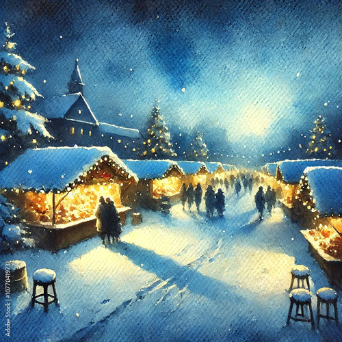 Aquarell eines festlich erleuchteten Weihnachtsmarktes mit Schnee in der Nacht photo