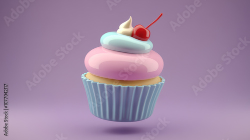 A delightful pastel cupcake featuring soft pink and blue frosting, topped with a maraschino cherry, set against a dreamy purple background. photo