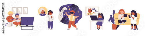 Vector illustration of a group of children interacting with digital gadgets.