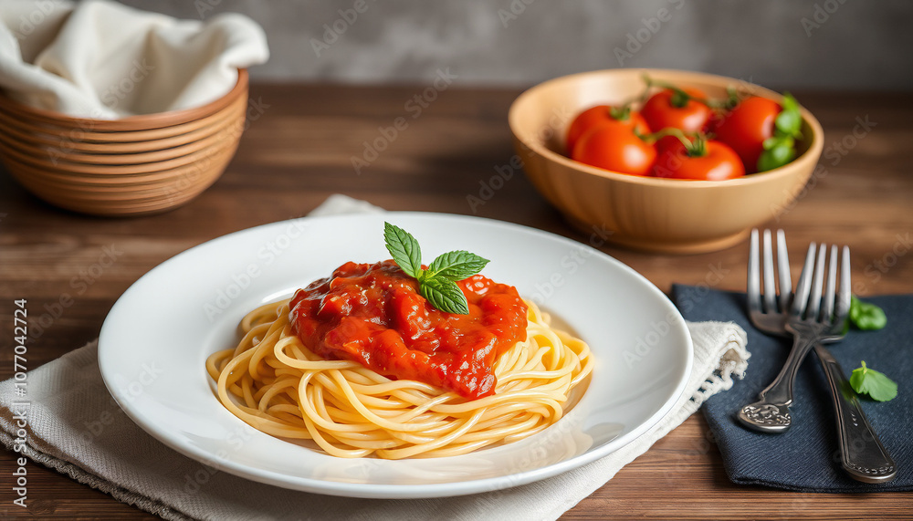  Spaghetti pasta bologna in black plate. Italian foods, spaghetti with tomato sauce and basil.