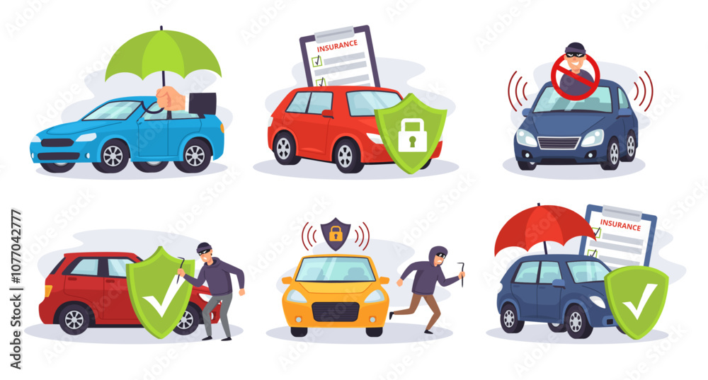 Fototapeta premium Car protection. Vehicle protected by auto insurance umbrella and anti theft security shield. Safeguarding against theft and damage, car alarm cartoon vector illustration set.