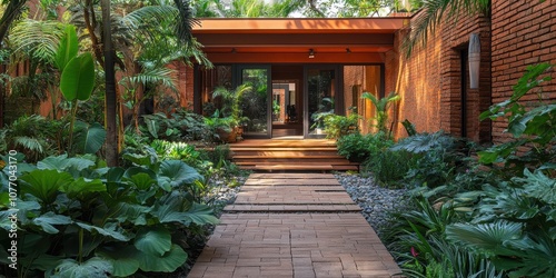 A beautifully designed tropical garden path leading to a modern entrance with lush greenery and architectural elements that seamlessly blend with nature