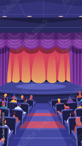 Theater audience watching stage performance vibrant colors seating purple curtains modern design template