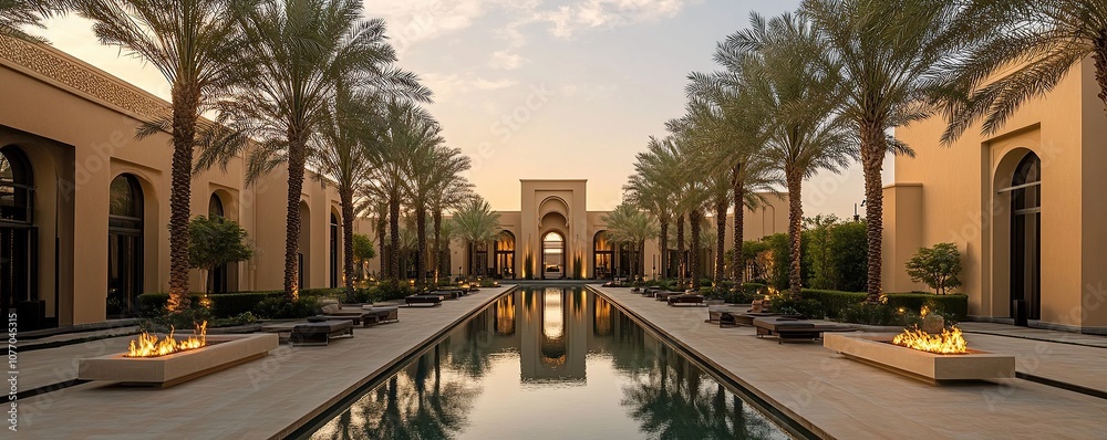 Naklejka premium A wide shot of an Arabic-style hotel with a long pool in the middle