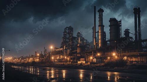 Night view of an industrial refinery with towers, chimneys, pipes, and lights reflecting on a street, showcasing energy production, pollution, and chemical processes in a city environment photo