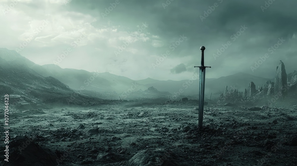 Obraz premium Lone Sword Stands in a Desolate Battlefield Landscape