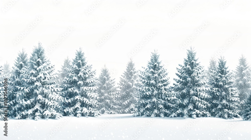 Fototapeta premium Snowy landscape with pine trees falling snowflakes