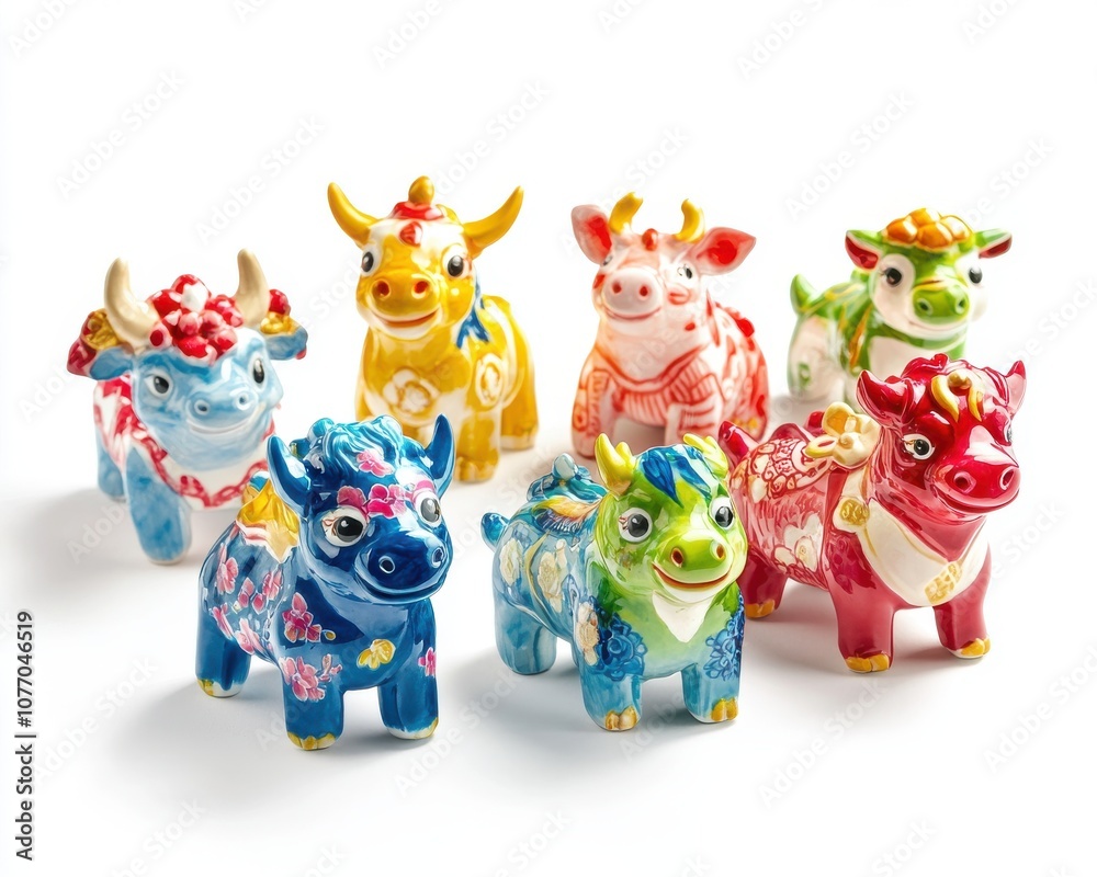 Colorful ceramic cow figurines on a white isolated background. Colorful ceramic cow figurines on a white isolated background.