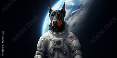 Puppy Dog Astronaut Floating in Outer Space in a Space Suit, Planet Earth, Stars, Science, Funny Animal Galaxy Image
 photo