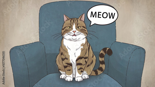 Funny cat with the inscription Meow. Animal art.