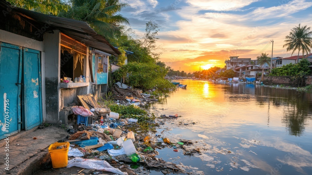Obraz premium Industrial Water Pollution in a River at Sunset Highlighting Neglected Environment and Waste Management Issues in Urban Areas
