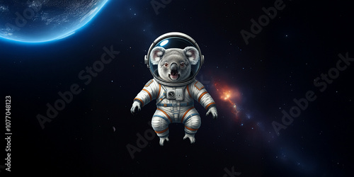 Koala Astronaut Floating in Outer Space in a Space Suit, Planet Earth, Stars, Science, Funny Animal Galaxy Image
 photo