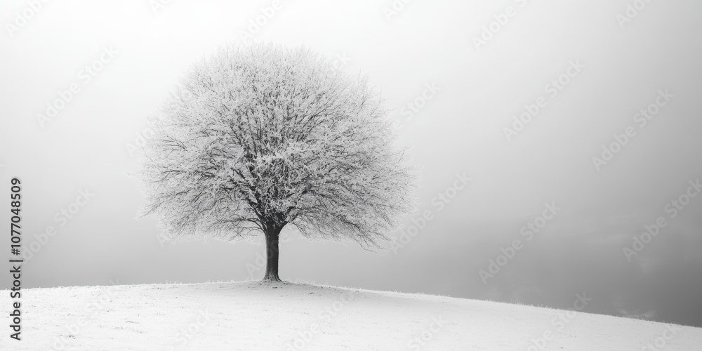 Fototapeta premium A solitary tree covered in a thick layer of white frost stands gracefully in a serene winter landscape, capturing the beauty and tranquility of nature's quiet moments