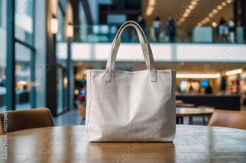 Wallpaper Mural Blank white tote bag mock up, bag is on modern table in shopping mall. Concept of shopping in malls and city shopping centers Torontodigital.ca