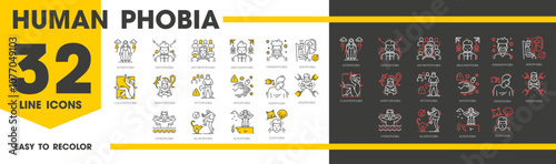 Human phobia line icons, mental health, psychology problems. Astraphobia, dentophobia, anthropophobia and arachnophobia. Verminophobia, aerophobia or claustrophobia, herpetophobia and pettophobia