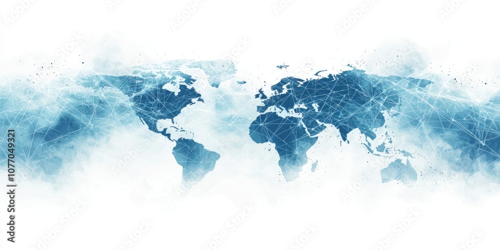 A minimalist design of a global network with glowing lines and dots connecting different regions of the world, set against a white background. A minimalist design of a global network with glowing lines and dots connecting different regions of the world, set against a white background.