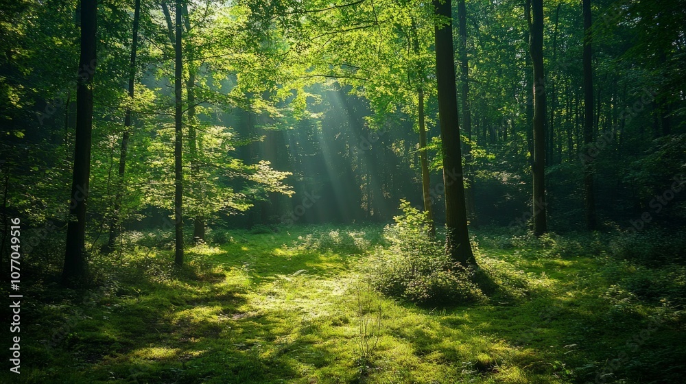 Obraz premium Vibrant summer forest with sunlight filtering through lush green foliage, creating a play of dappled shadows on the forest floor, embodying the essence of nature’s beauty