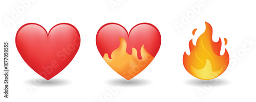 Heart on fire and fire flame emoji vector illustration set isolated on white background. 3d illustration.	