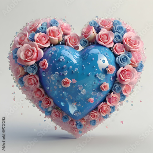 A polished 3D image of a glossy blue heart adorned with pink roses and a gentle cascade of tiny flowers, ending in petals of various hues. The white background is dotted with light pink bubbles of dif photo