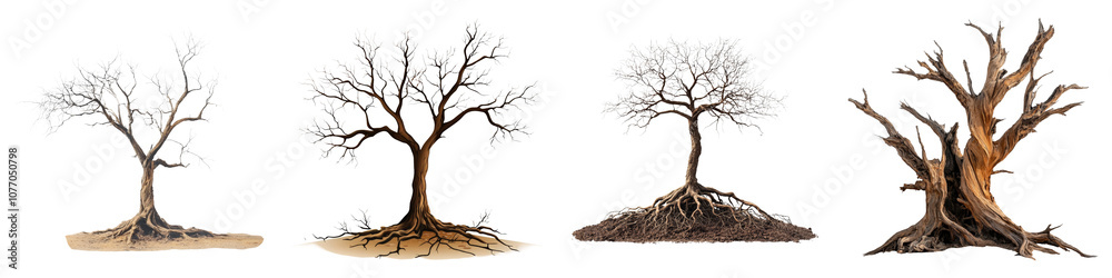 Fototapeta premium Four stages of tree evolution are depicted, showcasing variations in foliage, bark, and overall structure, illustrating its growth and transformation.