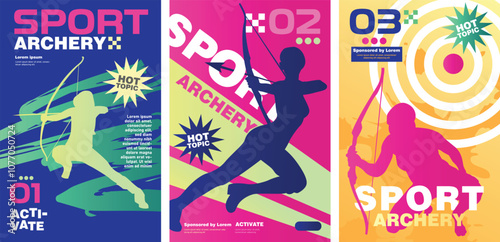 Archery Sport poster set with silhouette models, youthful and stylish with fluid, ink splash and sport elements, colorful and bold vector design, editable for magazine, cover layout and more