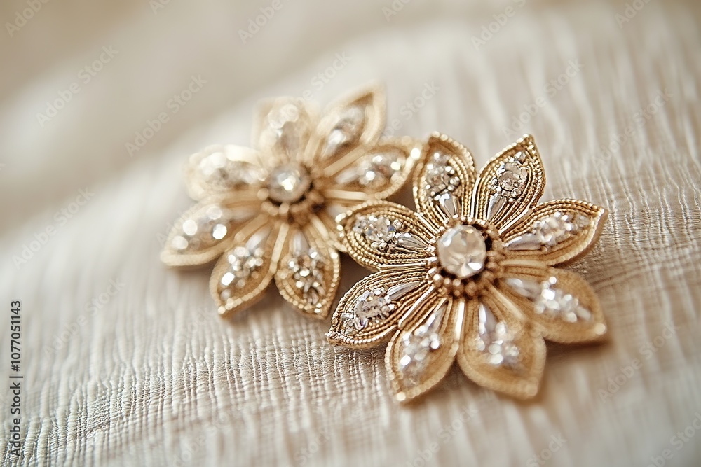 Fototapeta premium Golden floral earrings with sparkly gems on fabric