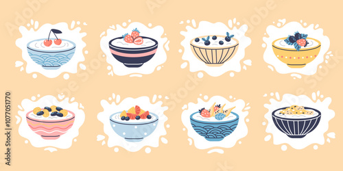 Vector set with yogurt bowls with Greek yogurt and fillings of fresh fruits and berries
