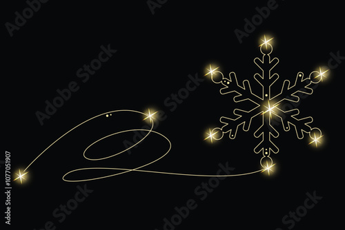 Line Art Winter Snowflake with Gold Glitter Stars. Luxury Rich Glamour Invitation Card. line Art Isolated on Black. Shine Gold Light Texture Effect. Glowing Blink Star Christmas or New year  Holiday G