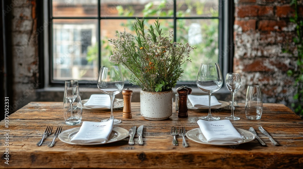 Obraz premium A rustic dining table elegantly set for four with fine silverware, wine glasses, and a charming floral centerpiece near a large window overlooking a brick wall