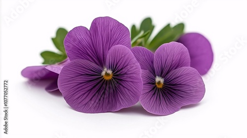 Beautiful close-up of vibrant purple pansy flowers with intricate petal details and fresh green leaves, perfect for floral arrangements or nature-themed projects.