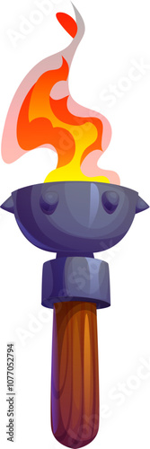 Game medieval fire torch for cartoon asset or GUI element of castle or dungeon, vector torchlight. Ancient torch with wooden handle and burning fire flame for Medieval fantasy adventure of arcade game